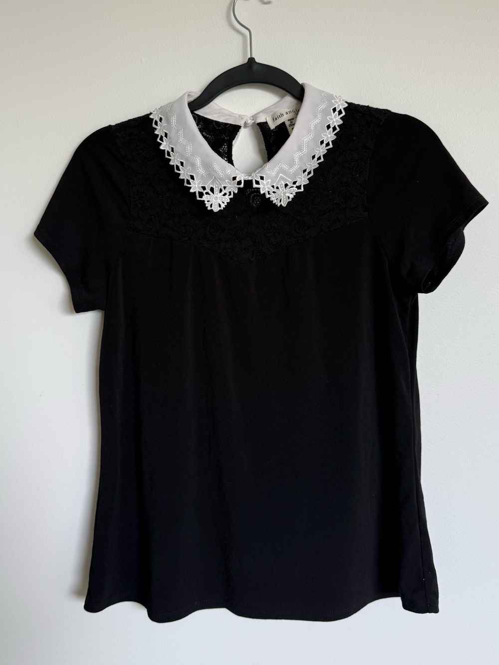 Faith and Joy Women’s Black Top with White Lace Collar